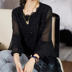 ATTERLIC 透視袖蕾絲荷葉邊光澤襯衫 00268