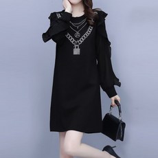 ATTERLIC 大尺碼鏈條印花褶皺長袖迷你連身裙, 黑色