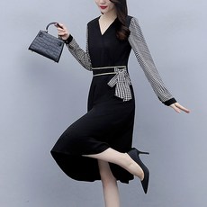 ATTERLIC V領格紋西裝式中長連身裙 00317 含大尺碼, 黑色