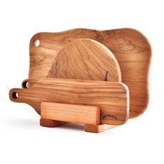 HOMEANY 家庭動畫柚木砧板 4 件套, 長款修身+圓形+經典泡泡+支架, 1組