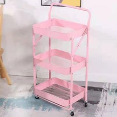 철제 메쉬 폴딩 손잡이 트롤리 3단, 핑크