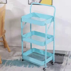 철제 메쉬 폴딩 손잡이 트롤리 3단, 블루