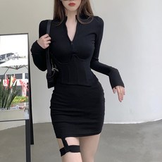 비비에모 딥 브이넥 가터벨트 슬림 섹시 원피스 00390