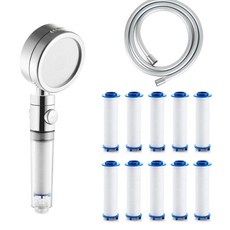 sootella 360度旋轉一鍵止水三檔增壓按摩蓮蓬頭+替換濾心 10入+防纏繞淋浴軟管 2m組, 1組