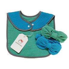 GGOOMDUBOO 幼兒圍兜髮帶禮盒組 M, 藍色 綠色, 1組