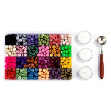 顆粒封蠟 24種 + 湯匙 + 白色蠟燭 3入組, 混合顏色, 1套