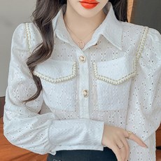 PAPERMENTS 蕾絲孔眼金邊長袖雪紡衫