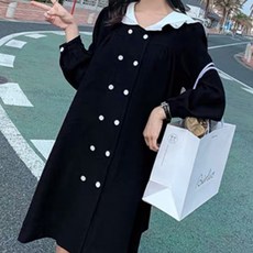 MEICHEL 荷葉領長袖寬鬆版雪紡洋裝 00155 含大尺碼, 黑色