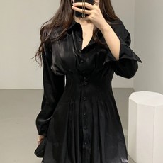 ViVEMO 絲滑腰部細褶雞眼孔襯衫式洋裝 00329, 黑色