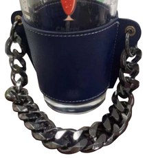 Katapaha皮革鍊條保溫杯杯套 1格 藍色皮革杯套+金屬提把, 1個, 1件