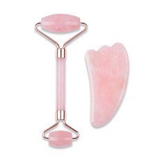 粉晶滾輪按摩棒 + 粉晶按摩刮痧板組, 玫瑰金, 1組