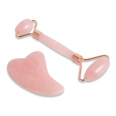 玫瑰晶臉部按摩滾輪+玫瑰晶按摩刮痧板組, 玫瑰金, 1套