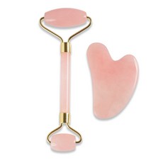 粉晶臉部按摩滾輪+刮痧板盒裝組, 金子, 1套