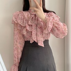 ViVEMO 氣質荷葉邊蝴蝶結碎花罩衫 00332