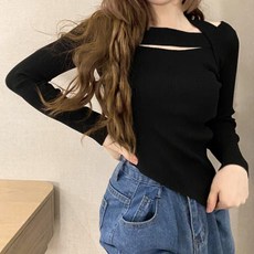 ViVEMO 女款扭結開衩不對稱羅紋針織T恤 00423