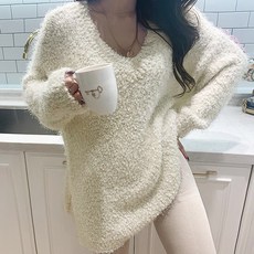 ViVEMO 女款寬鬆V領爆米花紋開衩針織T恤 00417