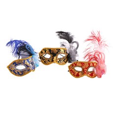 金色圖案鴕鳥羽毛面具3件組, 黑色，藍色，紅色, 1組