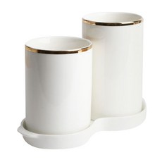 PUKO 金色線條雙格餐具筒, 白色, 1個
