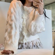 MeiChel 女士花朵鈕扣點休閒長袖針織開衫 00206