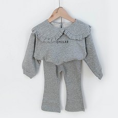 女童款荷葉邊領長袖上衣+喇叭褲套裝