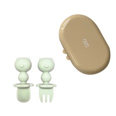 티지엠 실리콘 자기주도 스푼 + 포크 + 케이스 세트, 곰돌이 애플그린(스푼, 포크), 스푼+포크+케이스, 1세트