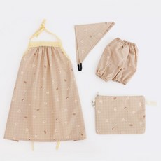 SEMOMS 女孩童小熊印花荷葉邊防水圍裙+頭巾+袖套+收納袋