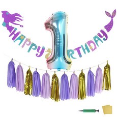 EMOKUBEE 美人魚數字氣球生日派對組 1歲, 紫金色, 1套