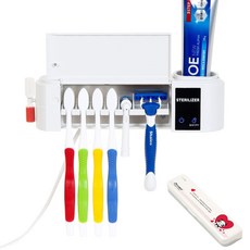SAMKOOK 壁掛式牙刷消毒器+Doctor Cleaner 電池式便攜牙刷消毒器套組, 白色（消毒器），白豹（便攜式）, HD-603W, BIO-201