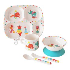 印花餐盤餐具5件組彌月禮盒, 馬戲團款, 餐盤+碗+杯子+湯匙+叉子