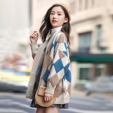 女童菱格紋針織開襟衫