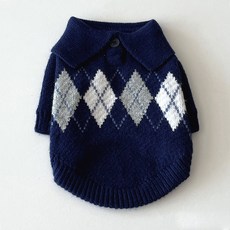 바이담수미 강아지 체크 카라 니트, 네이비, 1개