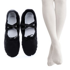 KidsBalletMall 布面芭蕾舞鞋 + 連腳褲襪, 黑色(布面芭蕾舞鞋), 白色(連腳褲襪), 250