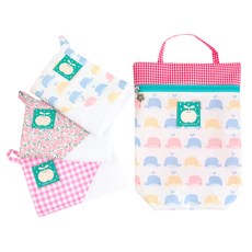 Coney Island 女童拼接圖案印花掛繩毛巾 3入+防水手提袋 F款, 粉色格紋款+鯨魚+玫瑰花款, 1組