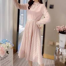 PAPERMENTS 附腰帶蕾絲絨毛長袖連身裙 00855, 粉色的