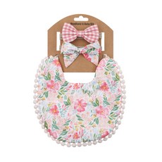 HARAROI 雙面圍兜+髮帶, Flower Pink Check, 1組