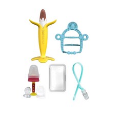 ange 巧克力香蕉造型固齒器+長頸鹿造型手環固齒器 藍色+蔬果餵食奶嘴 粉紅色, 混色, 1組