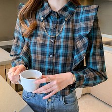 MeiChel 女式格紋荷葉邊日常襯衫襯衫 00299