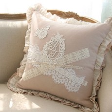 AND COTTON 蕾絲亞麻荷葉邊方形靠枕, 淺褐色的