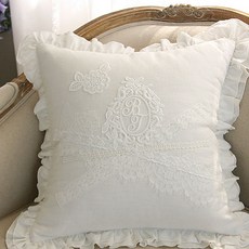 AND COTTON 蕾絲亞麻荷葉邊方形靠枕, 白色的