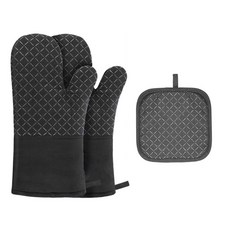 矽膠烤箱手套 17*30cm 2入+墊子組, 黑色的, 1套