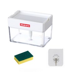 GUGUNAIN Shoppingjoy 洗碗精自動按壓菜瓜布架 + 菜瓜布 + 透明掛鉤, 白色(支架), 隨機出貨(菜瓜布), 1個