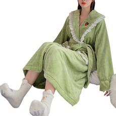 刺繡蕾絲法蘭絨浴袍 L, 02 2007 綠色, 1個