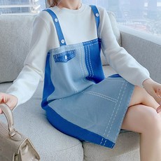 메이첼 마리오 데님느낌 라운드넥 니트 원피스 00258 빅사이즈 포함