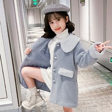 天使眼女童款格紋熊翻領大衣