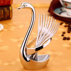 위노하우 디저트용 포크 5p + 백조 거치대 세트, 실버, 1세트