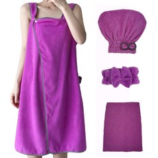 Tani Cotton 可穿式浴巾 + 帽子 + 髮帶 + 毛巾, 紫色, 1套