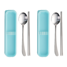 RAONNURI 攜帶式餐具固定收納盒 L號+湯匙+筷子, 藍色（餐具盒）