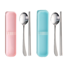 RAONNURI 攜帶式餐具固定收納盒 L號+湯匙+筷子, 粉色+藍色, 1組