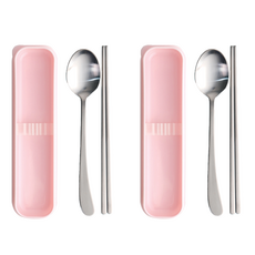 RAONNURI 攜帶式餐具固定收納盒 L號+湯匙+筷子, 粉色（餐具盒）