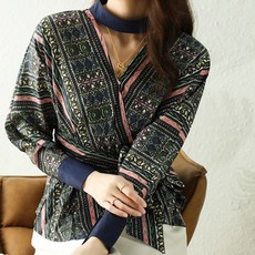 비비에모 패턴 스카프 브이넥 긴팔 블라우스 00567